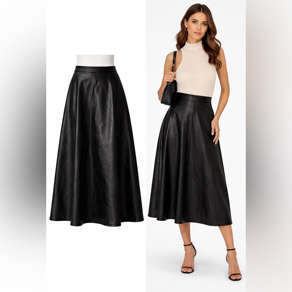 Black Faux Leather A Line Midi Skirt High Waist Minimalist Chic Large long
